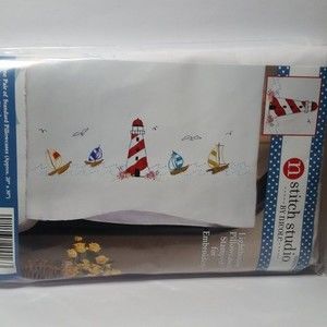 Lighthouse pillowcases stamped for embroidery